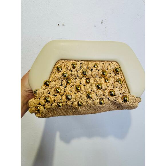 THEMOIRè Brown Tan Straw Woven Beaded Pearl Magnetic Closure Clutch Purse - Picture 9 of 9